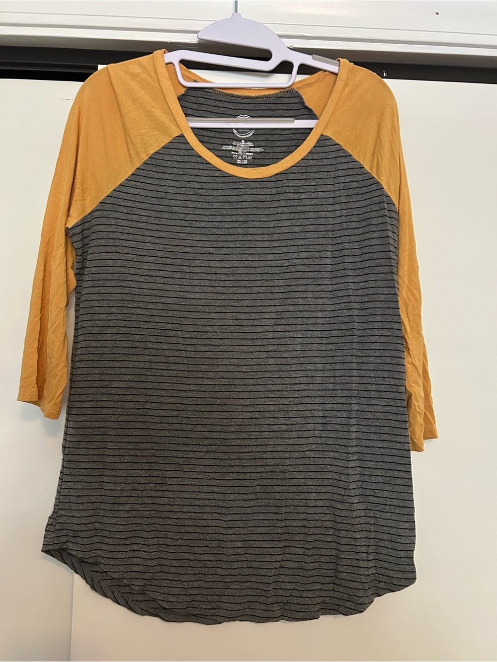 Maurice’s Women's Striped Raglan 3/4 Sleeve Top - Mustard and Charcoal